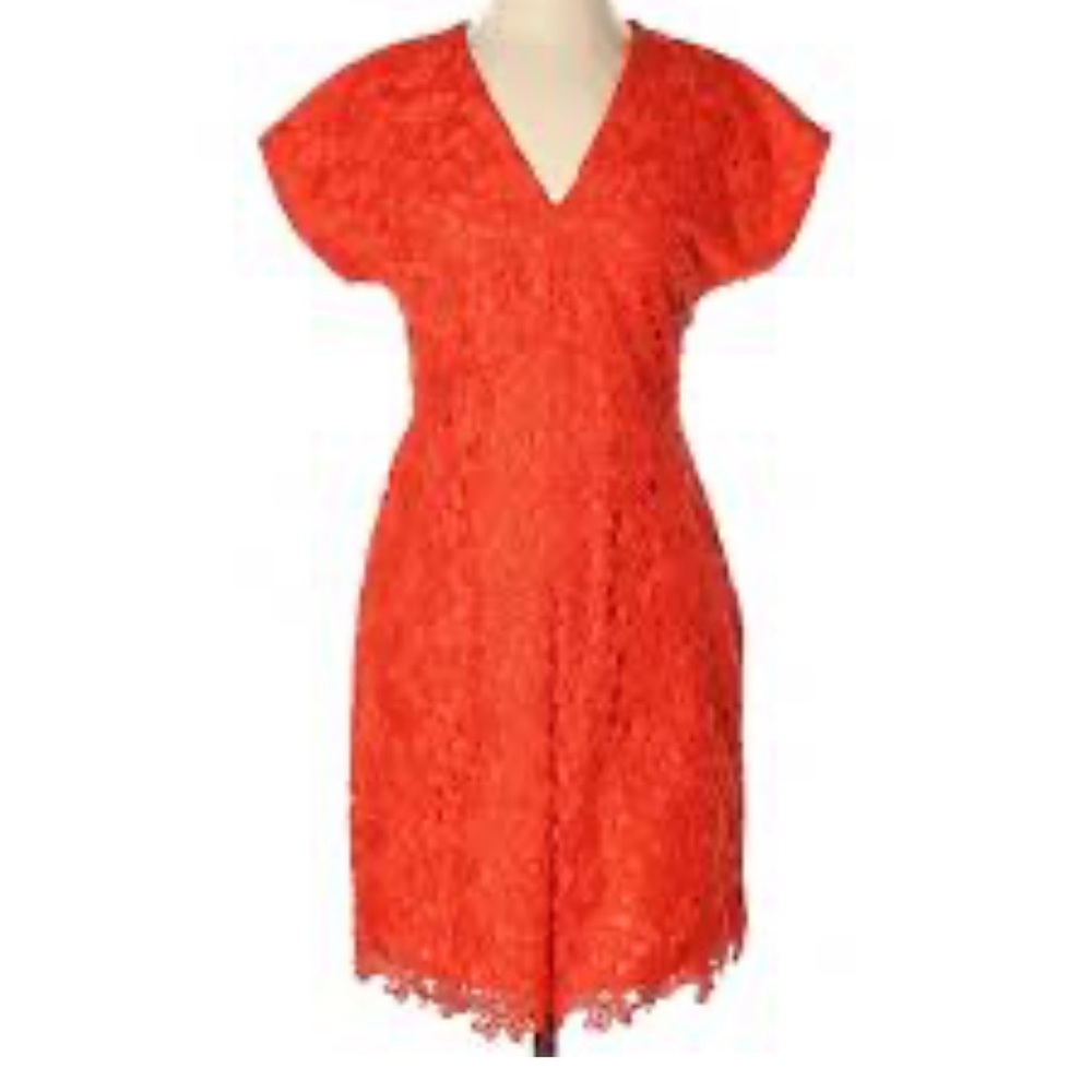 Banana Republic 6P Orange Floral Lace Pleated Short Sleeve V-Neck Sheath Dress